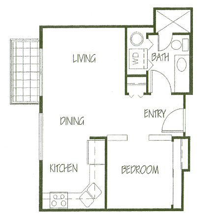 Floor plan for 1 bed, 1 bath, 450 sqft